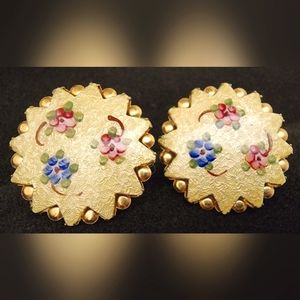 Vintage Guilloche Floral White Pink Blue Screw Back Earrings Gold Tone
